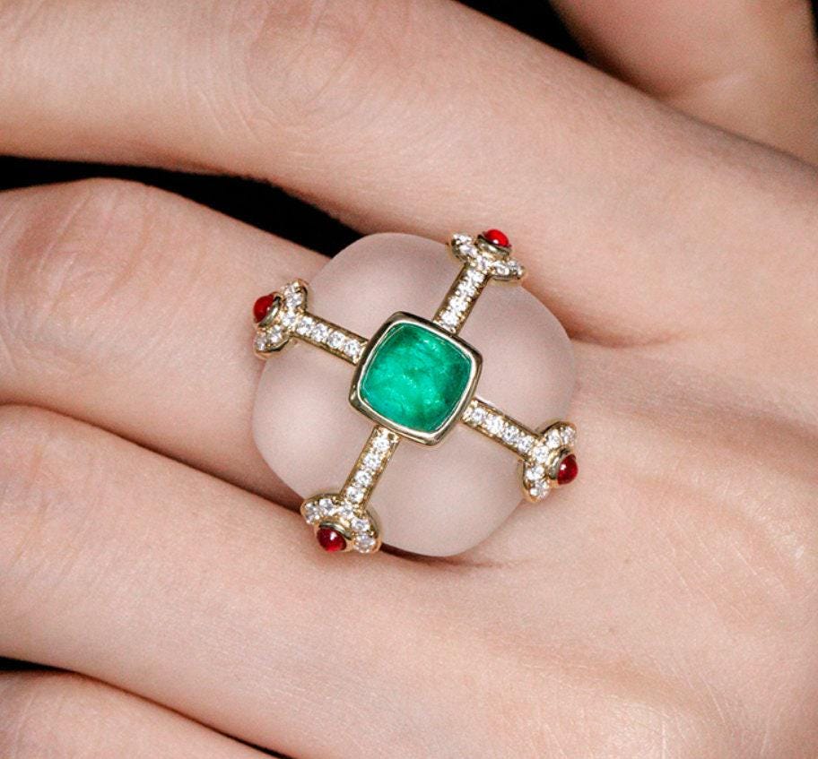1.26ct Sugarloaf Emerald & White Crystal 18K Ring