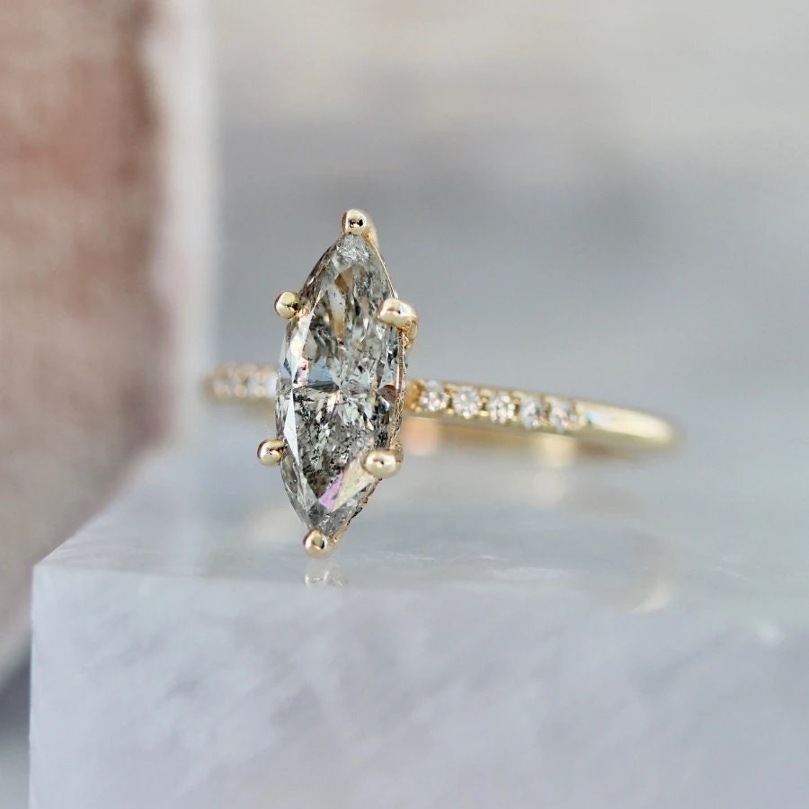 Galaxy Night 1.7CT Salt & Pepper Diamond Marquise Ring in 18K Yellow Gold