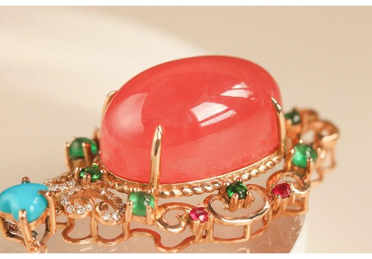 24.5ct Rhodochrosite Teardrop & Tourmaline Pendant in 18K Yellow Gold