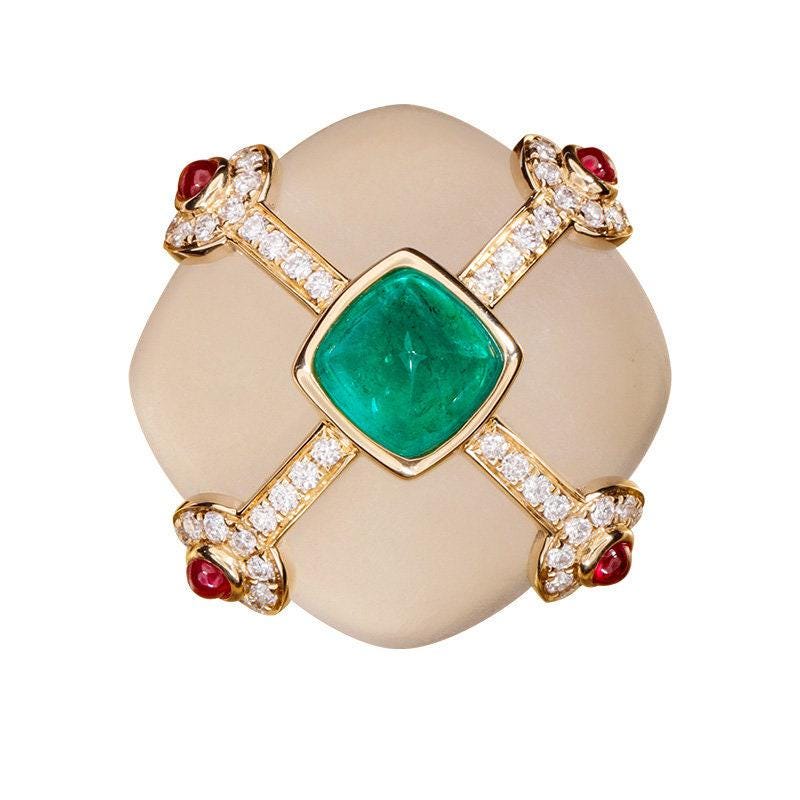1.26ct Sugarloaf Emerald & White Crystal 18K Ring