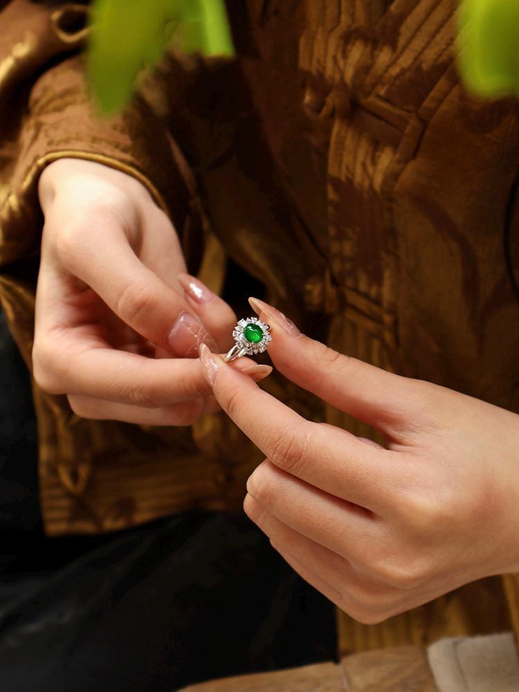 Art Deco Green Jade and Full Diamond Pave Ring in 18K White Gold