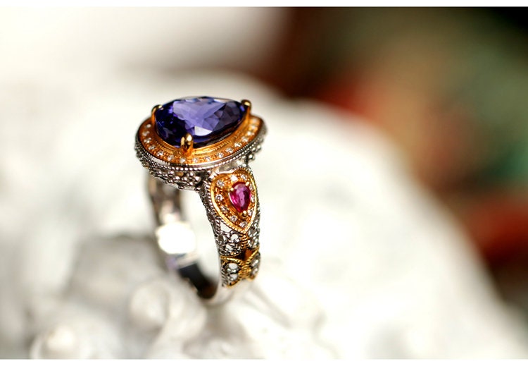 2.5ct Blue Tanzanite Pear Cut Ring - 18K Two Tone Gold