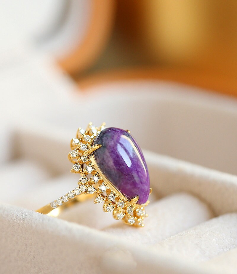 AAA+ Purple Sugilite Pear-Shape & Halo Diamond Ring in 18K Yellow Gold