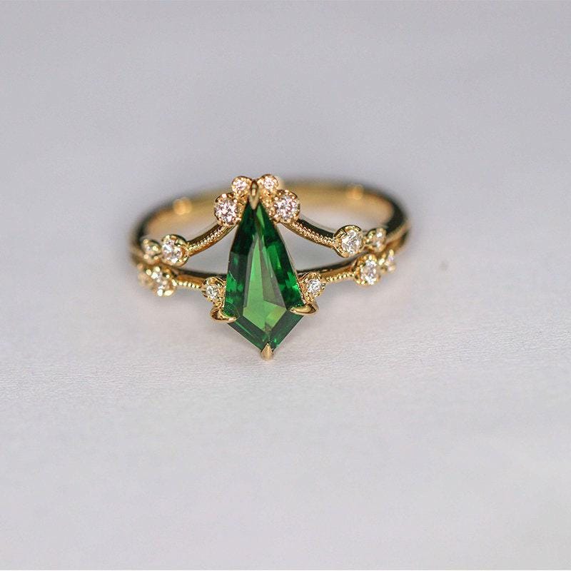 Tsavorite Kite Cut & Diamond Ring in 18K Yellow Gold