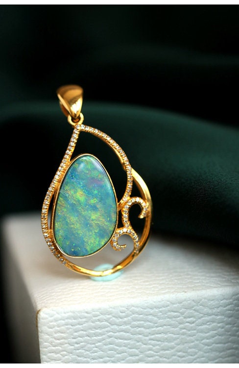 Blue Opal Diamond Mermaid Pendant - 18K Yellow Gold