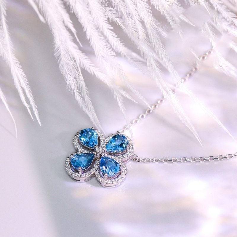 Four-Leaf Clover Aquamarine & Diamond Necklace in 18K White Gold