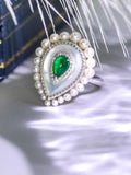 Emerald Teardrop-Shaped Ring with Baby Pearl in 18K White Gold