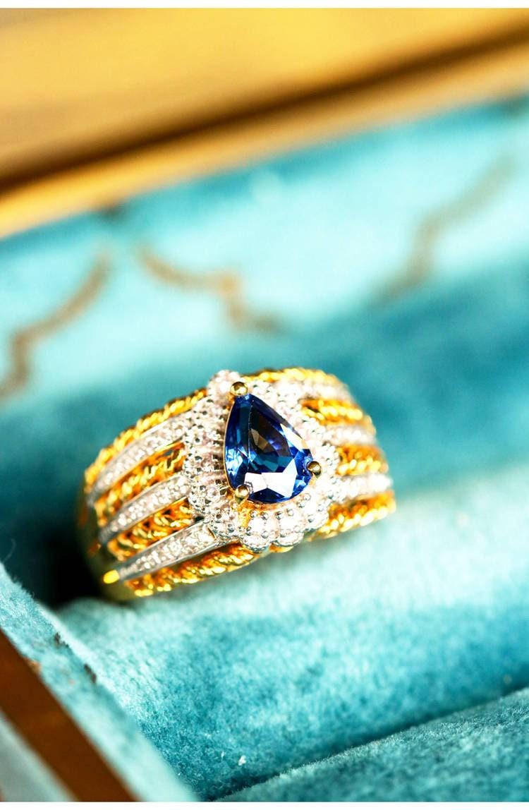 Blue Sapphire Diamond Ring - 18K Two Tone Gold