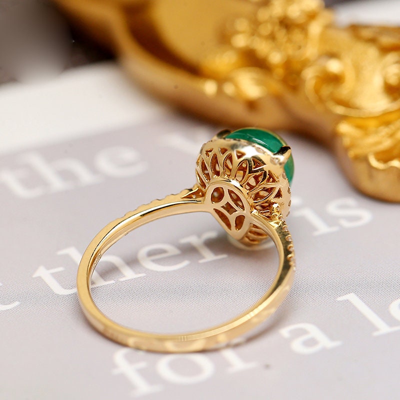 Cabochon Emerald & Halo Diamond Ring in 18K Yellow Gold