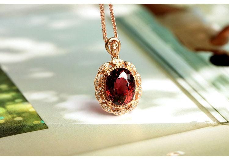 5ct Red Tourmaline & Diamond Pendant - 18K Yellow Gold
