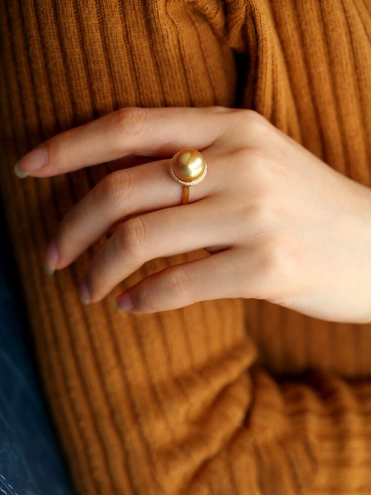 11mm Golden South Sea Pearl & Diamond Halo Ring in 18K Yellow Gold