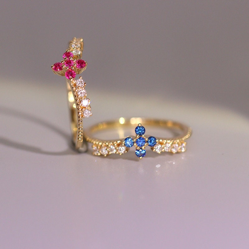 Ruby & Blue Sapphire Band Ring in 18K Yellow Gold