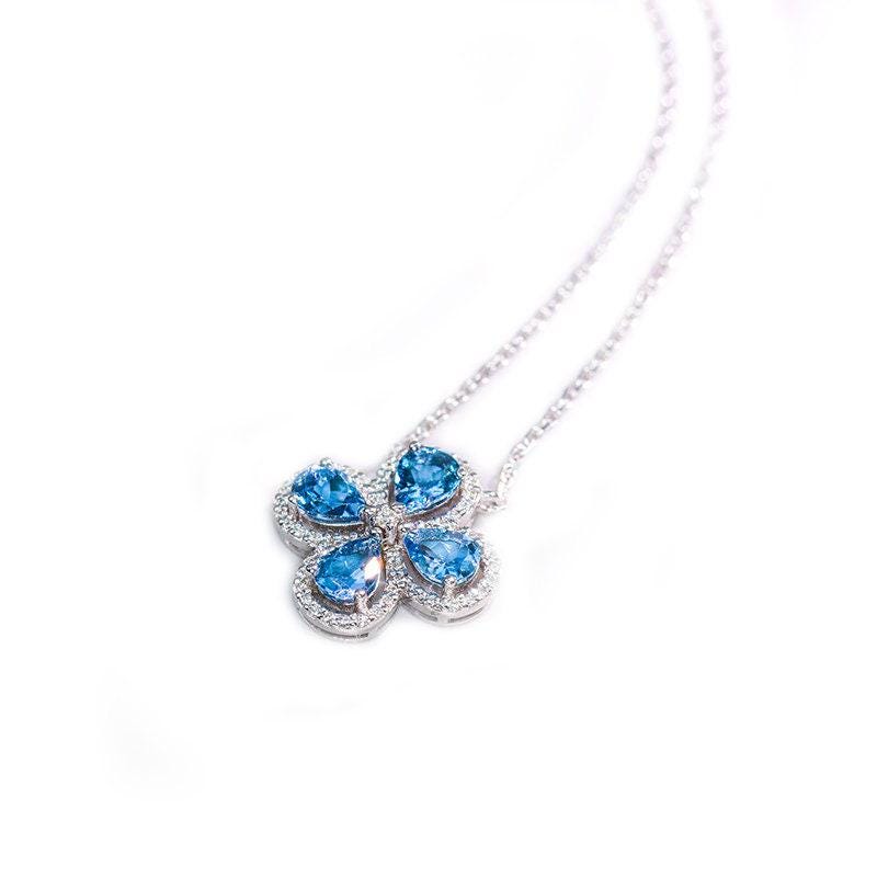 Four-Leaf Clover Aquamarine & Diamond Necklace in 18K White Gold
