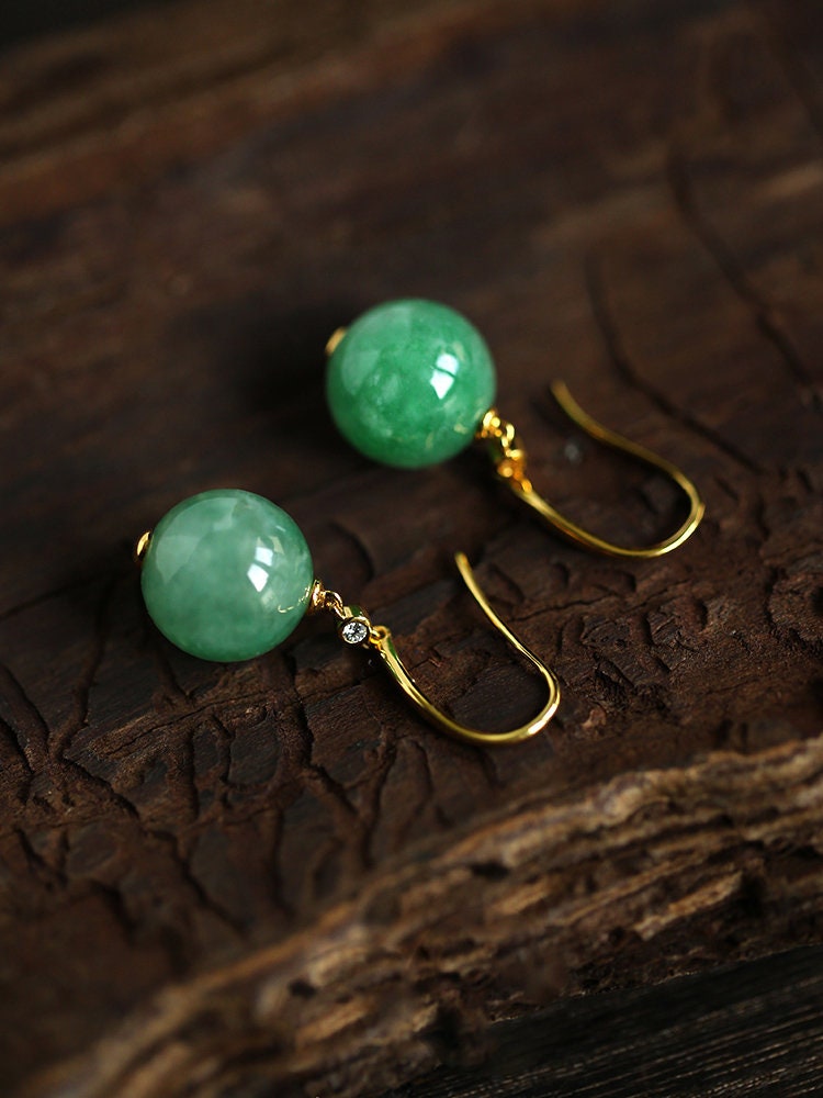 5A+ Jade Sphere Cut & Diamond Franch Wire Earrings in 18K Yellow Gold