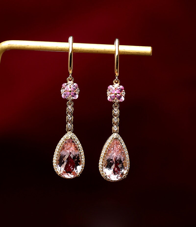 Pink Morganite Teardrop Hoop Earrings in 18K Yellow Gold