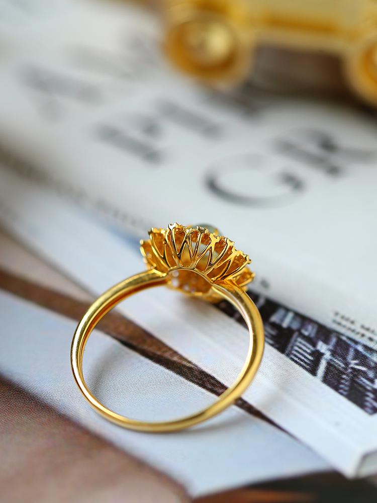 Superior Icy Jade Cabochon & Cluster Diamond 18K Gold Ring