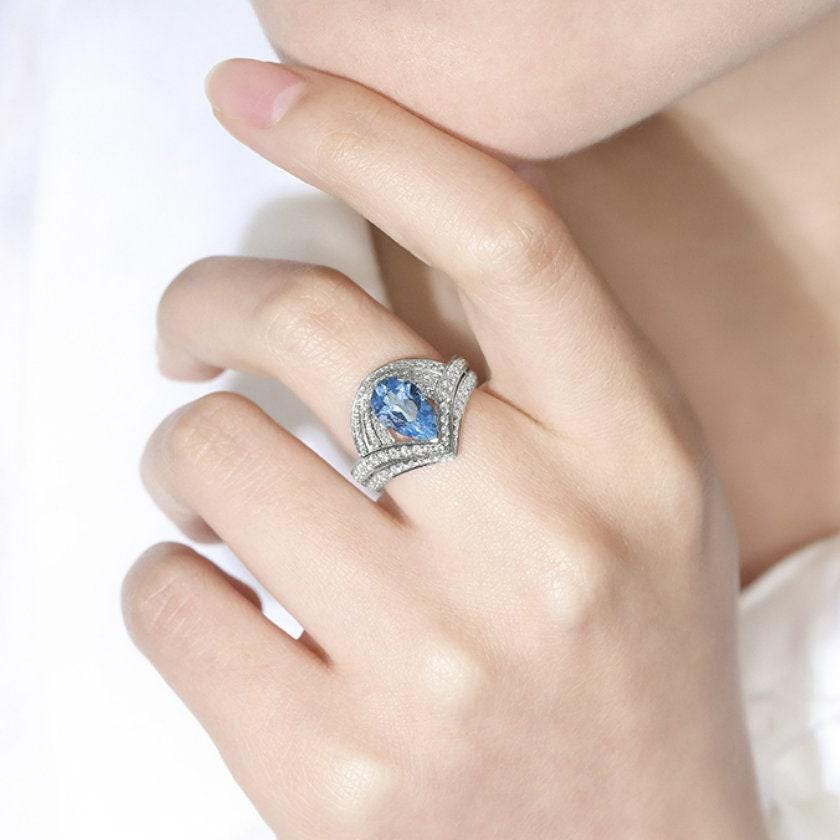 Aquamarine Diamond Wedding Chevron Desing Ring - Platinum 950