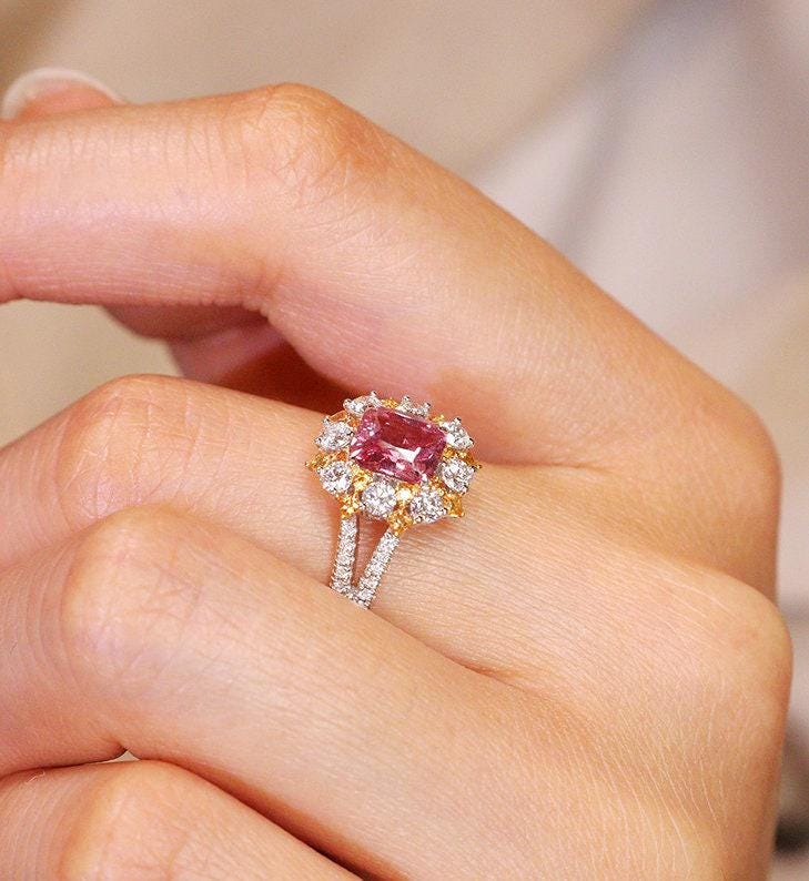 1.25ct Pink Sapphire Cushion Cut & Diamond Ring - 18K White Gold