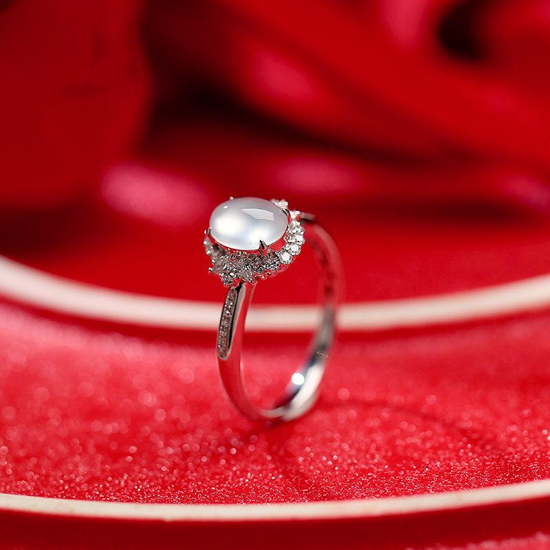 Icy Jade Cabochon & Diamond Halo Ring in 18K White Gold