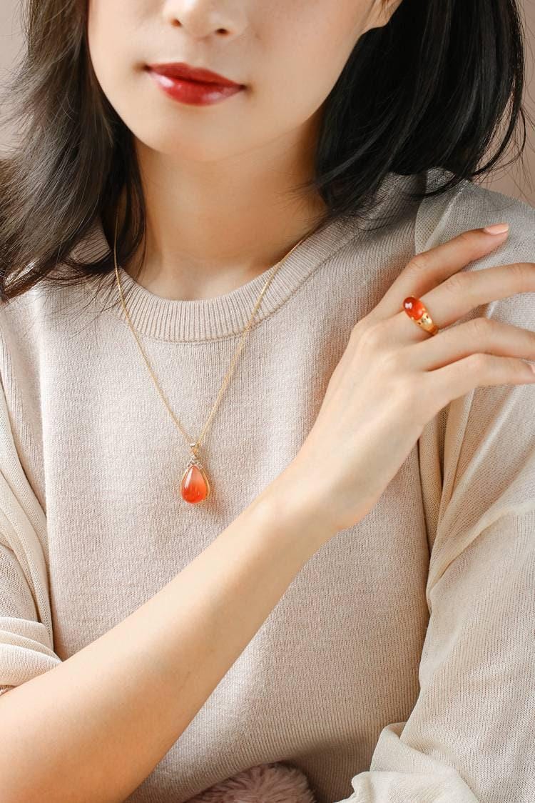 Bi-Color Red Agate Teardrop Necklace - 18K Yellow Gold