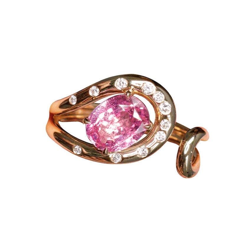 1.58ct Pink Sapphire 18K Yellow Gold Cuff Ring with Diamonds