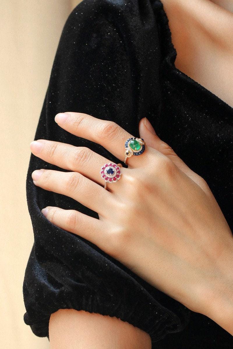 1.7ct Emerald Cabochon & Sapphire Art Deco Ring in 18K Yellow Gold