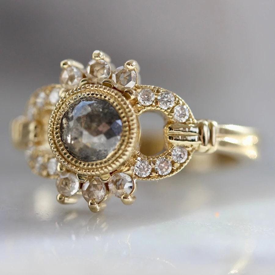 Grey Salt & Pepper Rose Cut Diamond 18K Gold Engagement Ring