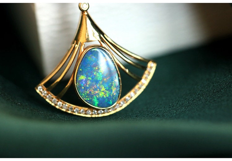 Blue Opal Diamond Fan Shape Pendant - 18K Yellow Gold