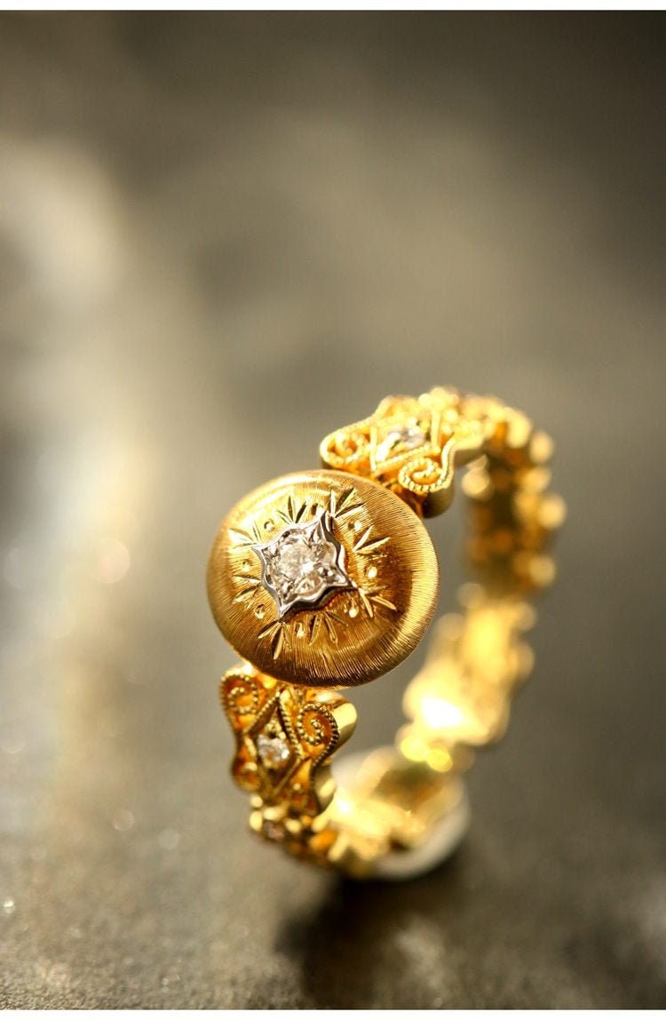 Italian Crafted Egyptian Ring with White Diamonds in 18K Yellow Gold