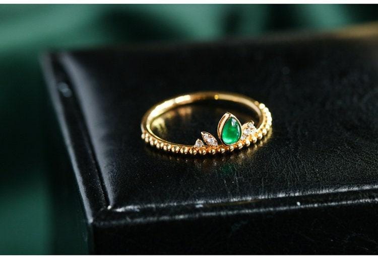 Emerald Teardrop Cabochon Cut & Diamond Ring in 18K Yellow Gold