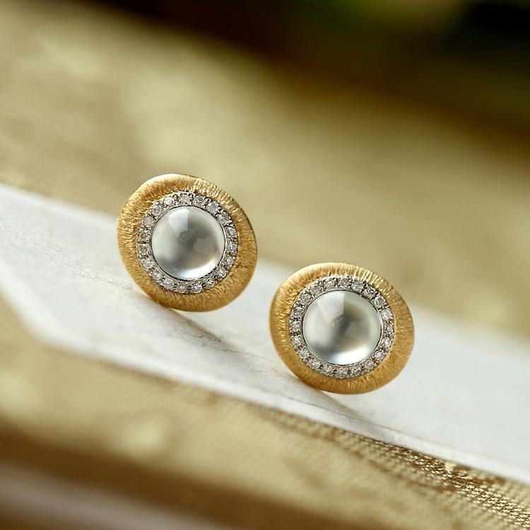 White Jade & Diamond Stud Earrings with Brush Finish in 18K Gold