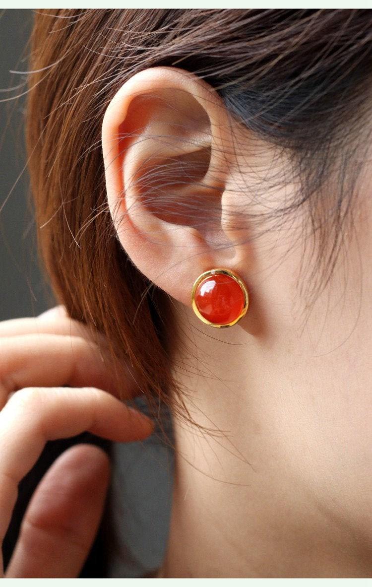Southern Red Agate Diamond Earrings in 18K Yellow Gold