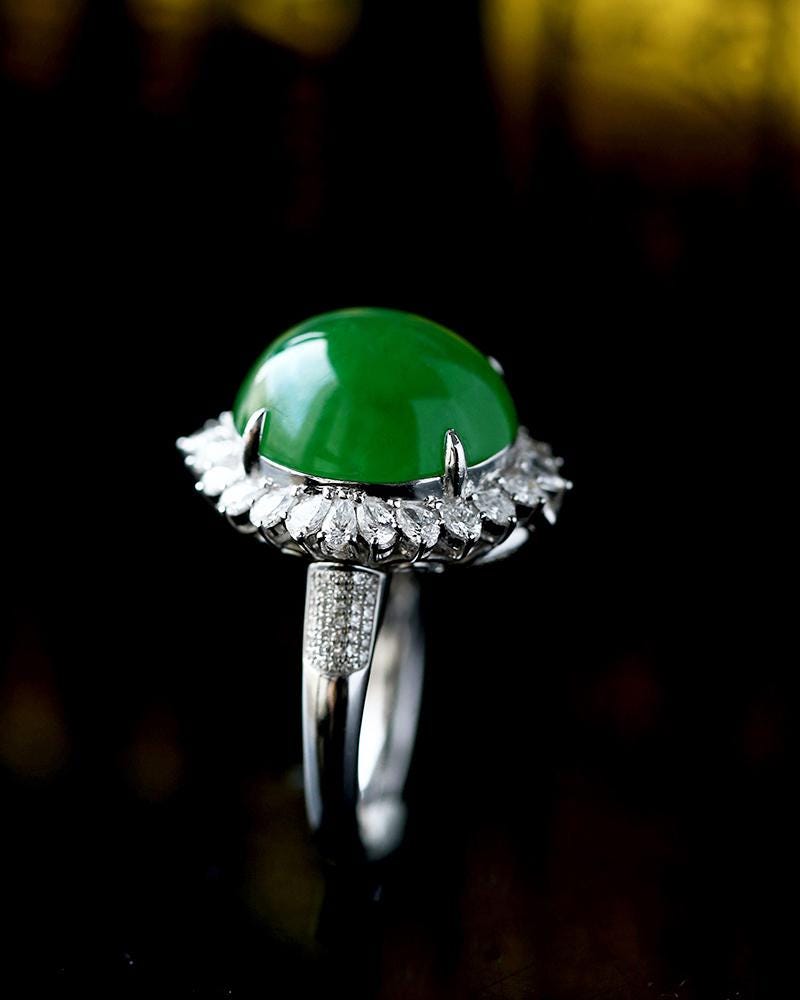 Huge Green Jade Cabochon Halo Diamonds 18K Ring & Necklace