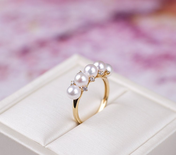 Five Akoya Baby Pearl & Diamond Ring in 18K Yellow Gold