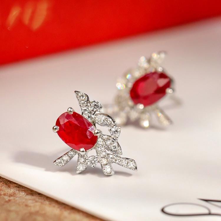 Dazzling Diamond Pigeon Blood Ruby Earrings in Platinum 950