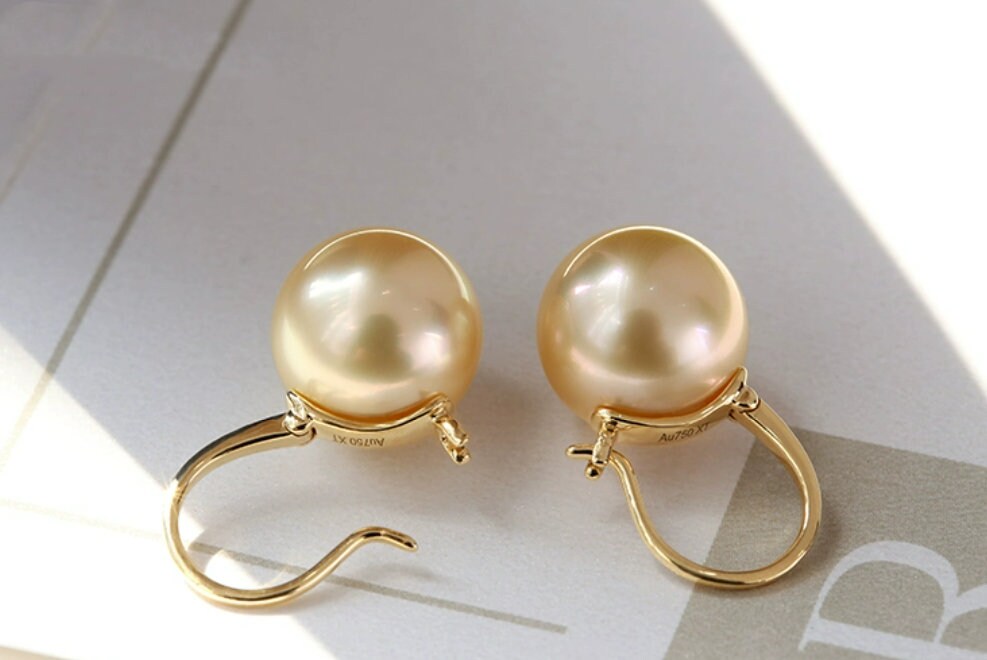 Exquisite 14mm Golden Pearl Hoop Earrings in 18K Yellow Gold